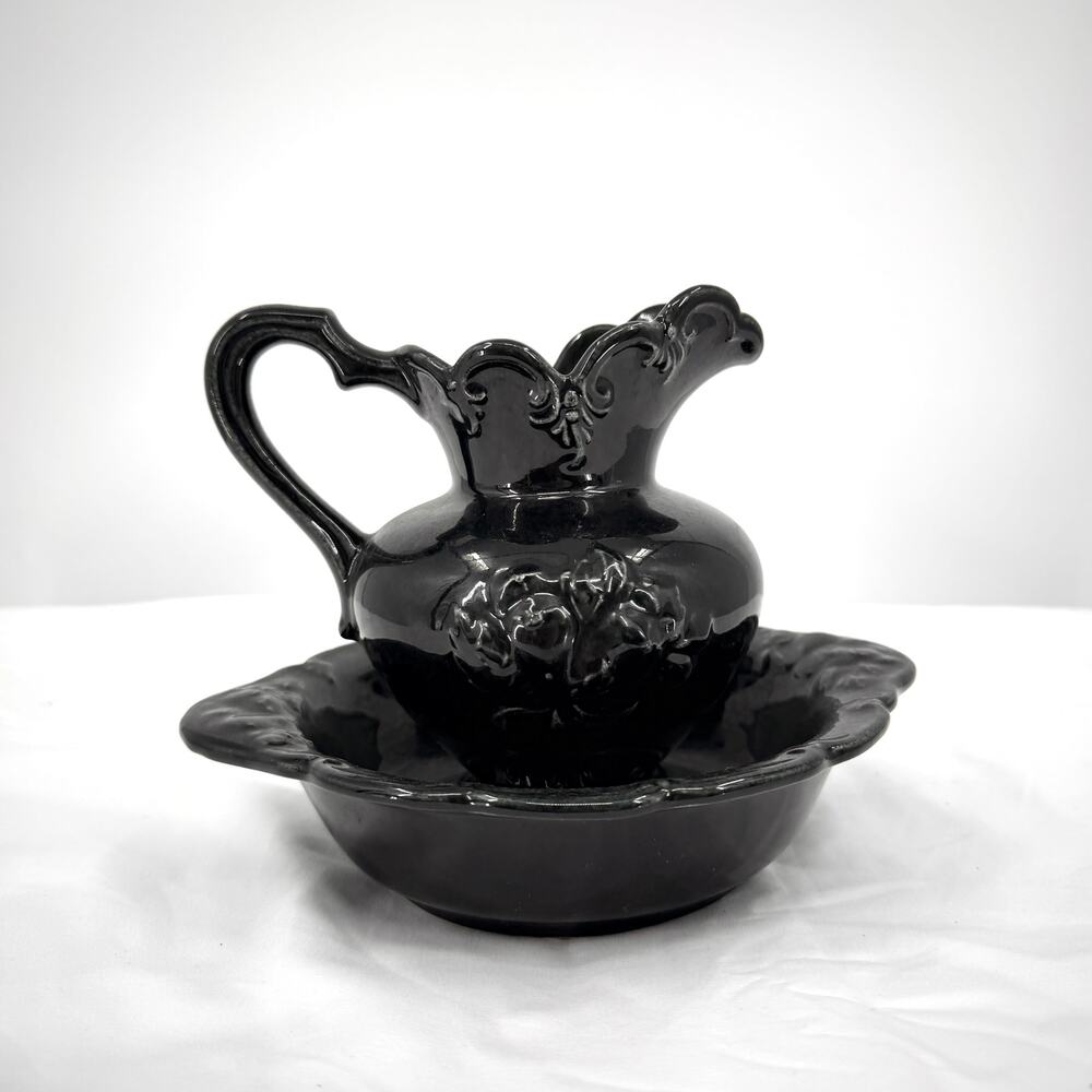 Vintage 1950s Camark Pottery Black Rose Relief Pitcher and Basin Wash Set